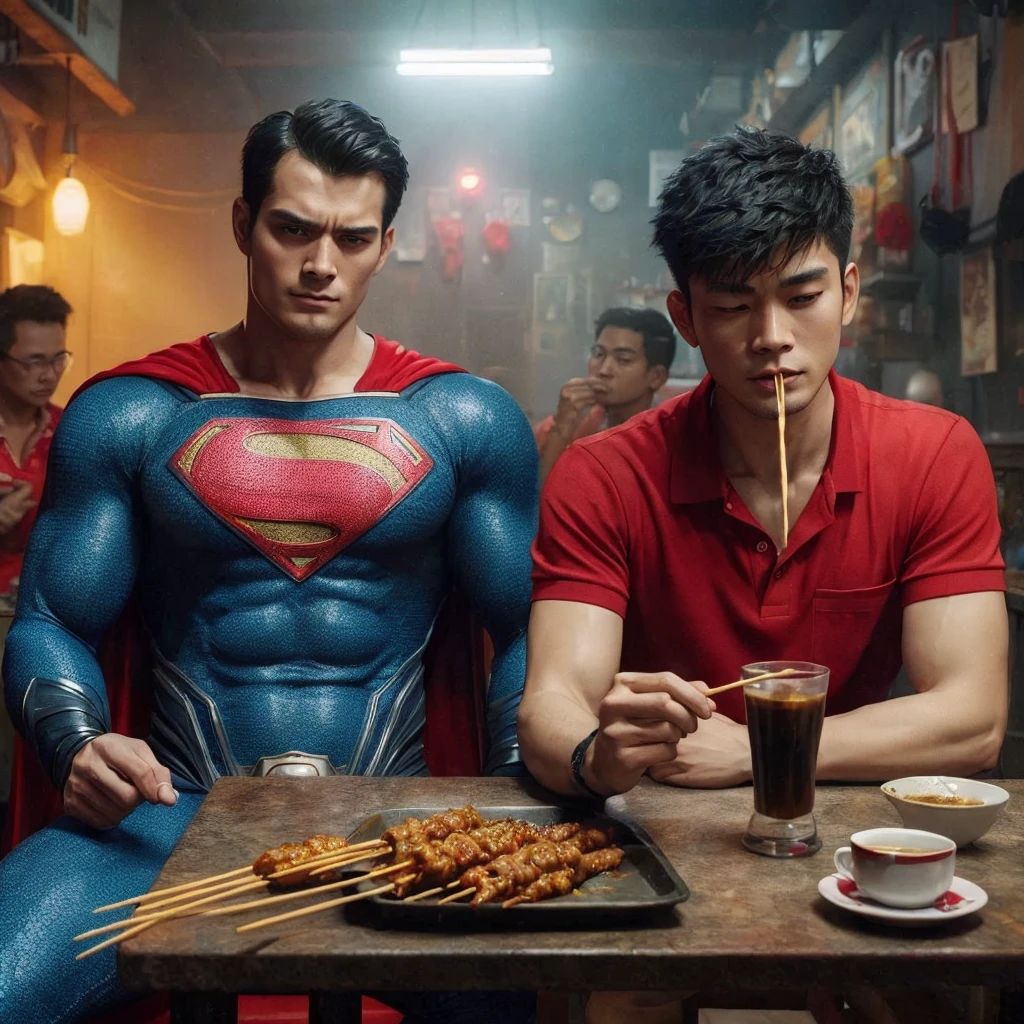 Create a hyper realistic photo of Superman and a 25 year old Asian man with short, spiky hair wearing a red polo shirt sitting on chairs near a table in a seedy bar while eating satay and drinking black coffee ,4k,cinematic,uhd, ultra realistic