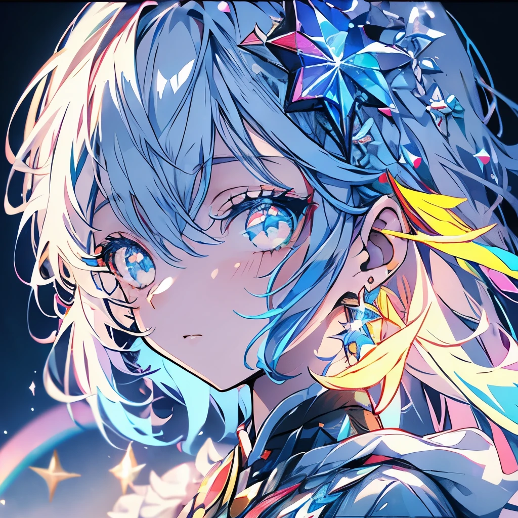 masterpiece、girl、Rainbow colorsの髪、Sparkling eyes、Serious face、Shining Background、Starry Ski、Rainbow colors、profile