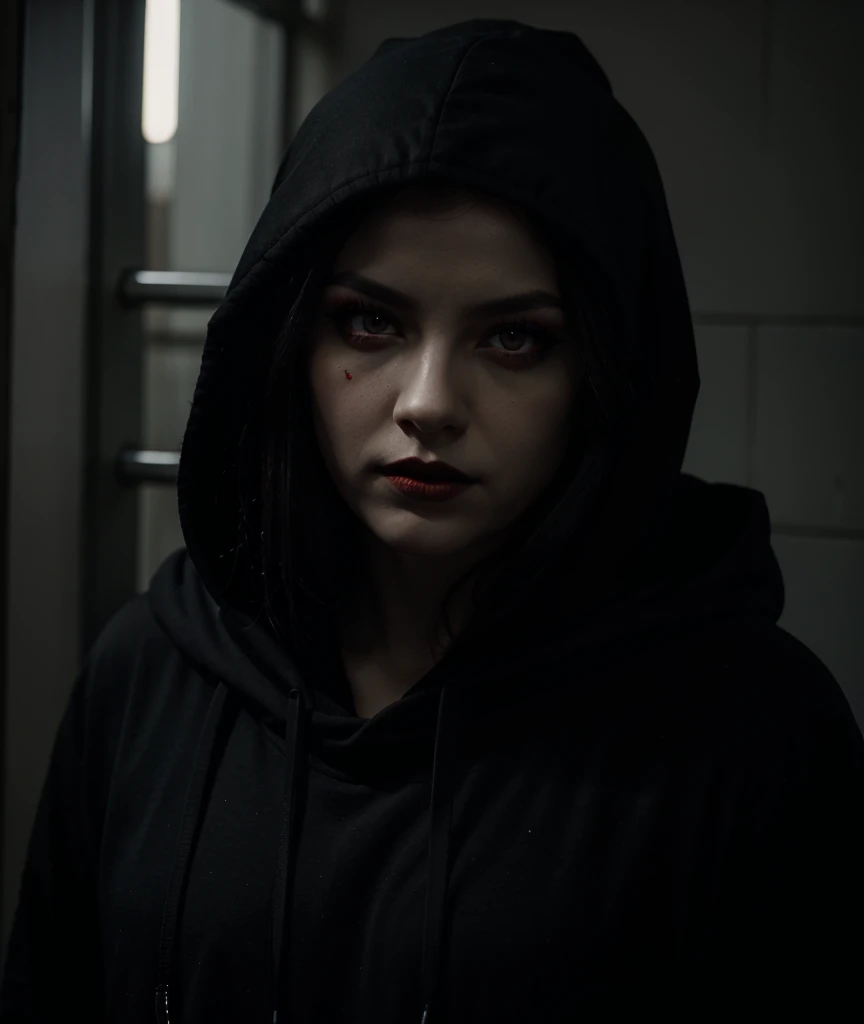 Death,black hood,Red eyes,black lips ,glare.
