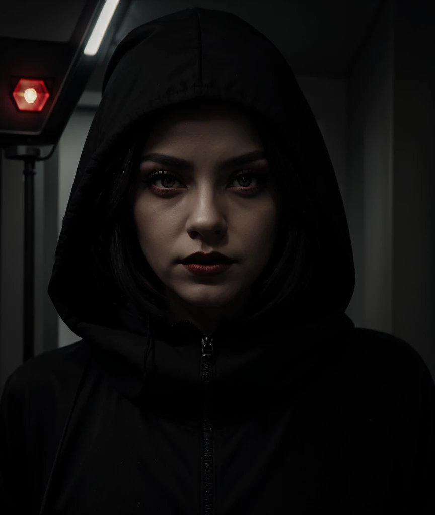 Death,black hood,Red eyes,black lips ,glare.