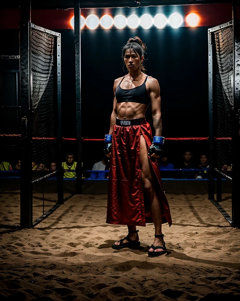 photography. Mma wild cage in thailan. Thousands of impatient Tagasha are waiting for results around the cage.  It is a struggle between two legends, namely Jackie Chan and Frankie. Open view of both fighters. The entire body of the fighters is visible in the picture. The picture is bloody and wild. , cinematic lighting, fine texture, cinematic, full shot, full body, long shot, highly detailed, 8K, hyper detailed, hyperrealistic, 