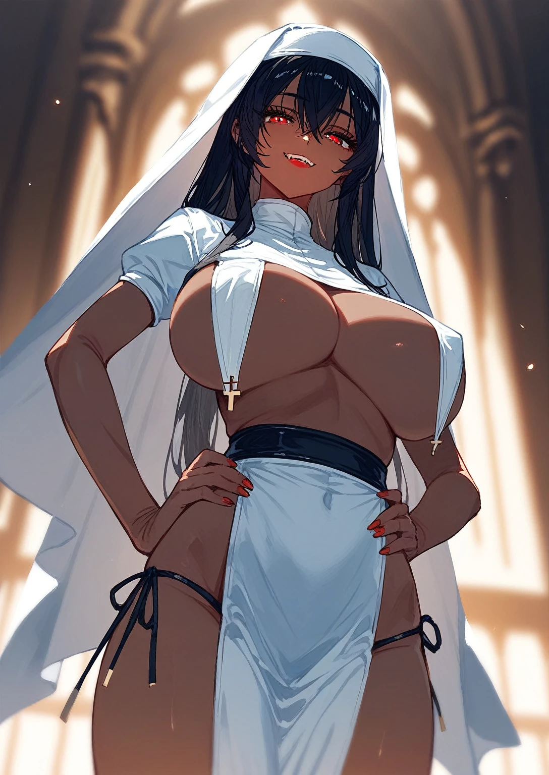 (score_9,score_8_up,score_7_up,score_6_up,score_5_up,score_4_up),1girl,solo, dark skin, half closed eyes, red eyes, vampire eyes, Long Eyelashes, naughty face, smile looking at viewer, head tilted, very huge breast, nun uniform, Breast Curtains, curvy, Pelvic Curtain, side-tie panties, thigh, thick, hand on own hip, bluesky background, depth of field, masterpiece, best quality, realistic light and shadow, high key lighting, (balanced photo, balanced exposure), view from bottom, from below, thigh to head,