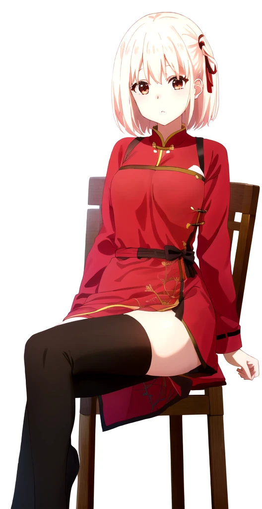 胸のI can see the valley、Panties are slightly visible、China dress姿のアニメの女の子, China dress、China dressのスリットからパンティが見える、、Blushing、、Short Hair、Coffee shop、I can see the valley、Put one foot on the chair