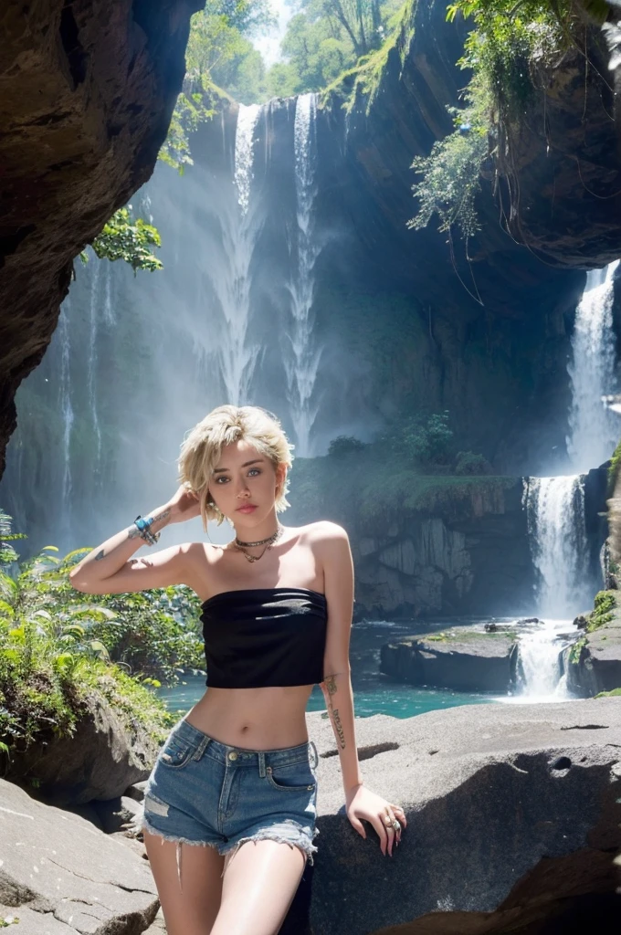 Miley Cyrus wears denim shorts, a black strapless top, and long hair, posing seductively next to a cave, with a waterfall flowing in the distance.