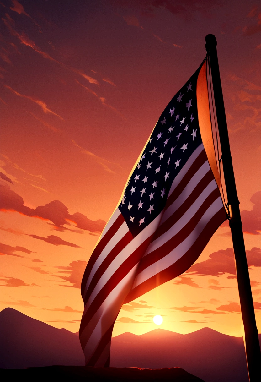 a high-resolution shot of the USA flag against a dramatic sunset or sunrise backdrop, with warm, golden light illuminating the flag and creating a visually striking composition