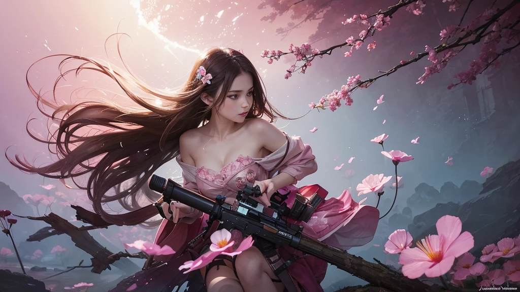 32k, Masterpiece, Highest quality, One girl, Detailed eyes, flower,Sandersonia, Pink and brown style,A dreamy, romantic piece,Pale pink, Mysterious Leaves,A playful arrangement,Fantasy,High Contrast,Ink strokes,explosion,Exposure, Impression of pink and brown tones,Abstract,((Watercolours by John Berkey and Jeremy Mann )) Brush strokes,Negative Space, Tyndall effect,