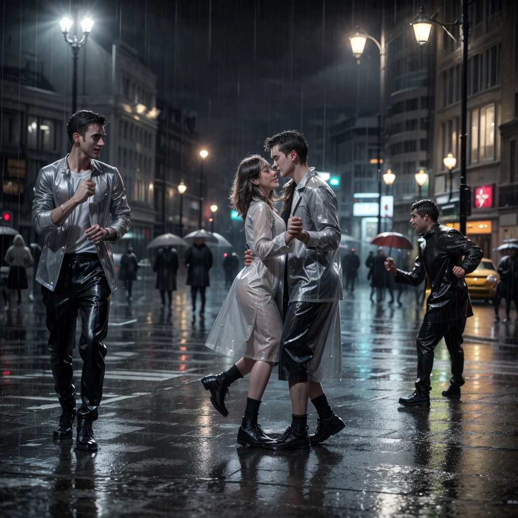 Couple of man and girl dancing in the rain, (in the rain), (streets of London), (portrait style), (grey tones) 