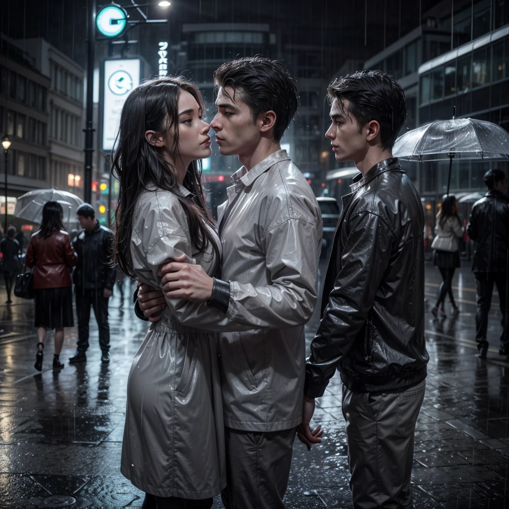 Couple of man and girl dancing in the rain, (in the rain), (streets of London), (portrait style), (grey tones)