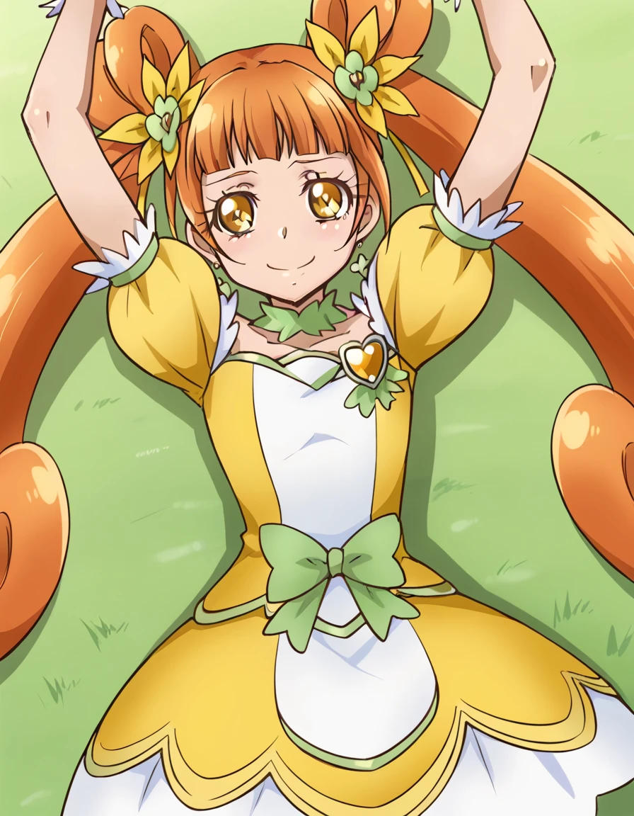 curerosetta, shiny skin, high quality, solo, lying, on back, arms up, spread arms, closed mouth, on grass, cowboy shot, looking at viewer, nervous, smile, best quality,