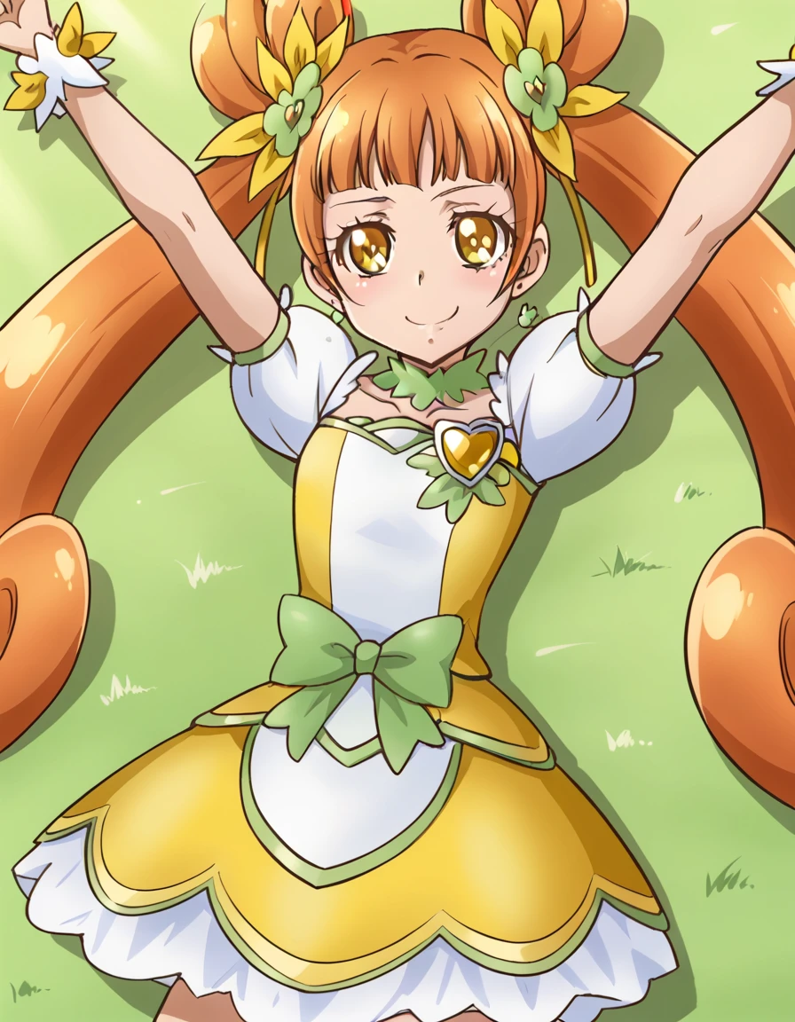  curerosetta, shiny skin,  high quality, solo, lying, on back, arms up, spread arms, closed mouth, on grass, cowboy shot, looking at viewer, nervous, smile, best quality, 