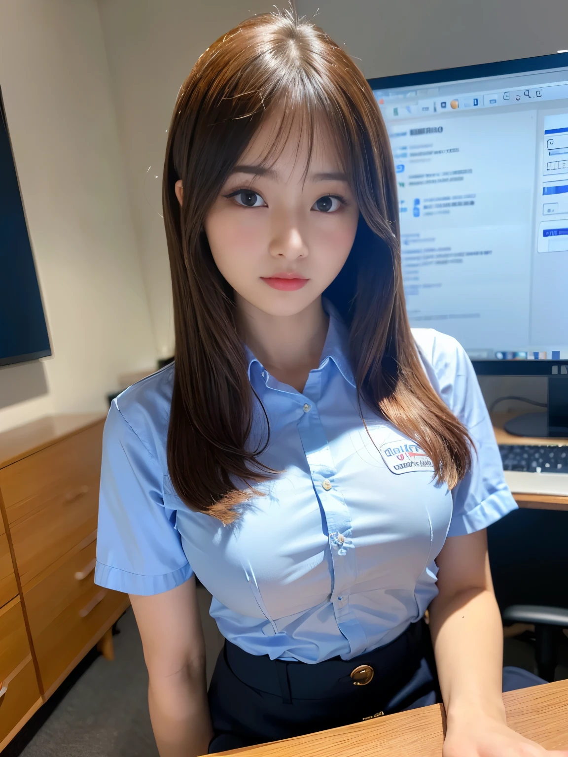 (Best-quality, Masterpiece, Ultra-High-Resolution, (Photorealistic:1.4), Raw Photo, depth of field, professional lighting, perfect anatomy, extremely details), 1girl, 15-years-old, the most famous Japanese idol, ((in office-room, working with computer)), (wearing casual-clothes with cute-design), (extremely cute face like the most popular Japanese idol, ((extremely cute and extremely big round-eyes)), extremely beautiful and extremely realistic hair), (((extremely beautiful and extremely realistic skins):1.3)), extremely beautiful and extremely realistic long-eyelashes, extremely beautiful and extremely realistic lips, detailed office-room, detailed computer