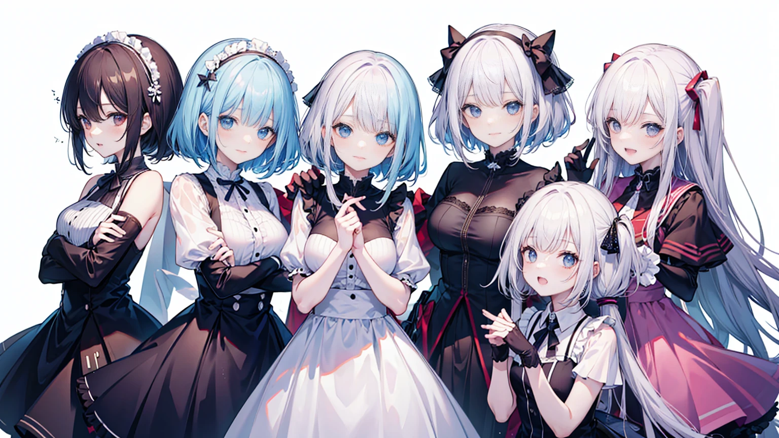 Anime characters posing for a group photo on a white background, Girls' Frontline style, Girls' Frontline universe, everyone, Girls' Frontline, from Girls' Frontline, Azur Lane Characters, from Arknights, Girls' Frontline cg, Arknights, From Bravely Default II, Fine details. Girls' Frontline, Light novel cover, Popular Isekai Anime, Kantai Collection Style, Blue clothes, Please add male characters too