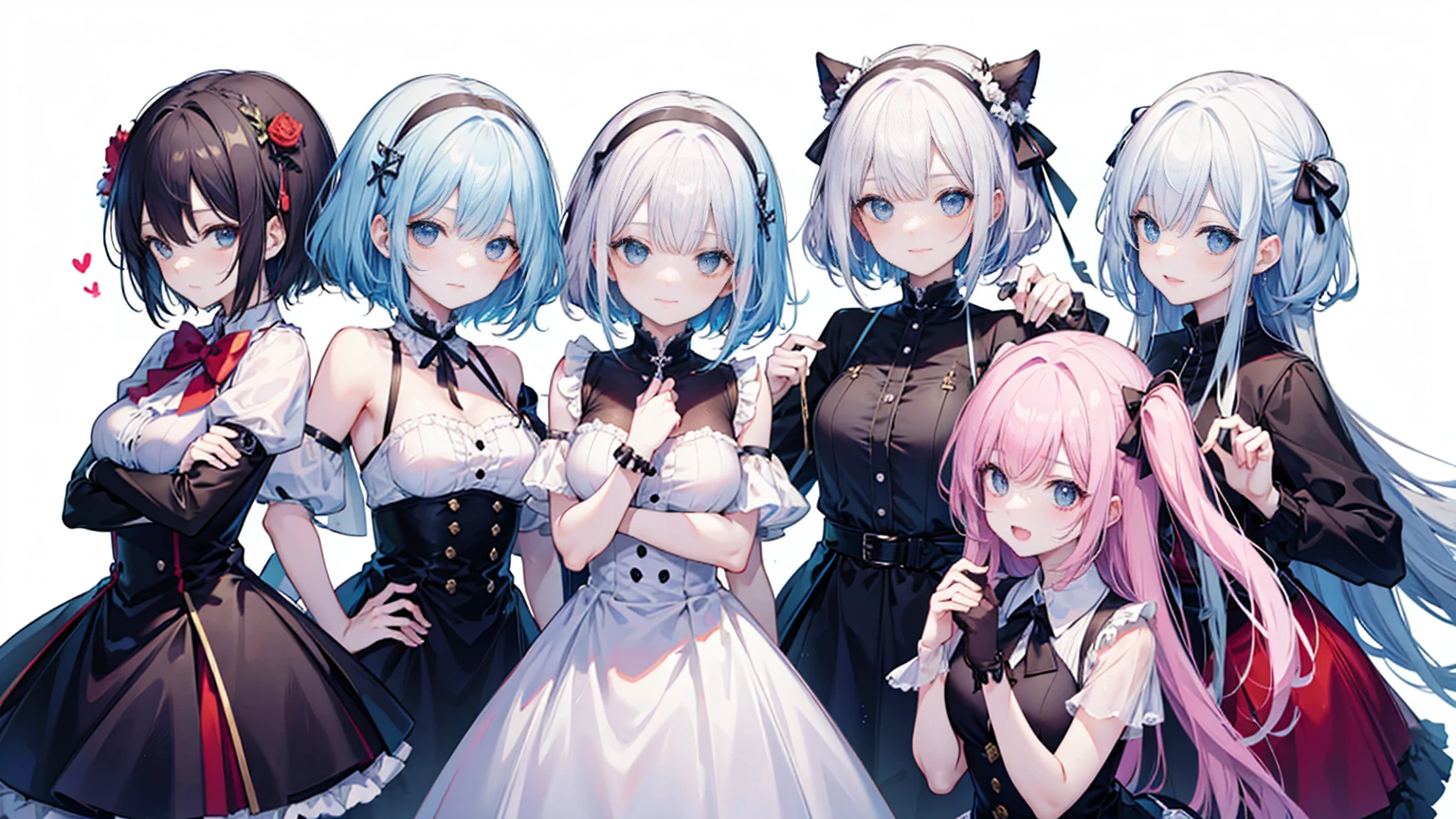 Anime characters posing for a group photo on a white background, Girls' Frontline style, Girls' Frontline universe, everyone, Girls' Frontline, from Girls' Frontline, Azur Lane Characters, from Arknights, Girls' Frontline cg, Arknights, From Bravely Default II, Fine details. Girls' Frontline, Light novel cover, Popular Isekai Anime, Kantai Collection Style, Blue clothes, Please add male characters too