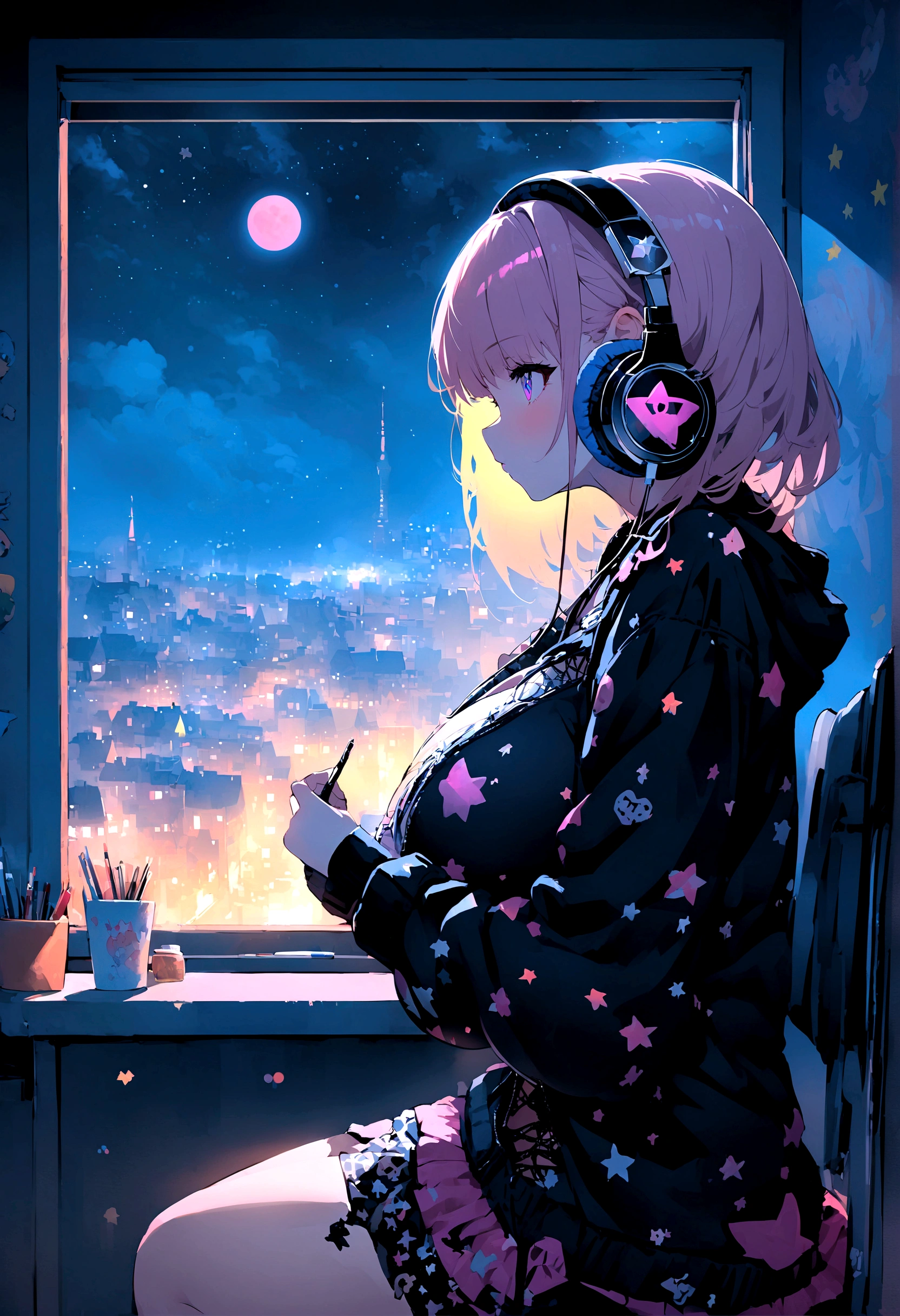 Portraiture、512、praise、A girl sitting on a chair and studying with headphones、city view outside the window、night、pastel colour、Painting, Lots of stars and moons, Super big breasts,Punk Rock、Not a profile, but the front、Younger、