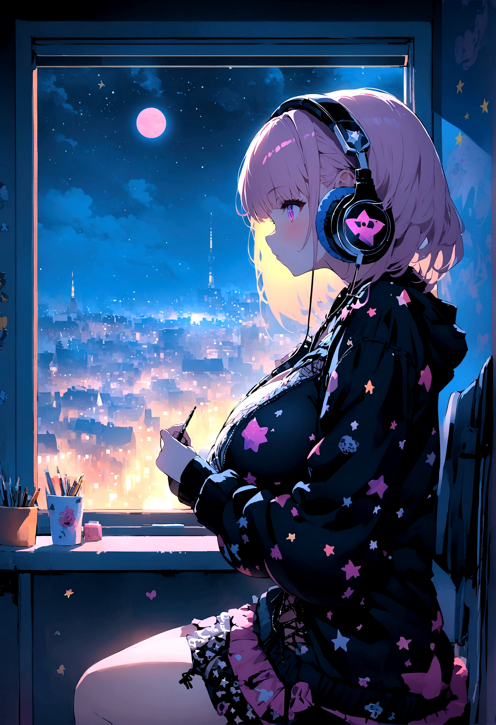 Portraiture、512、praise、A girl sitting on a chair and studying with headphones、city view outside the window、night、pastel colour、Painting, Lots of stars and moons, Super big breasts,Punk Rock、Not a profile, but the front、Younger、