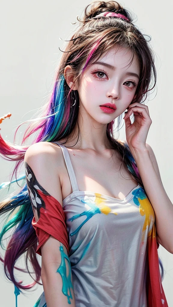 (masterpiece, best quality, high resolution), White background, ((Paint splatter, Splash of Color, Ink splash, Splash of Color)), Sweet Chinese girl, Rainbow hair, Pink lips, front, whole body，Big 。