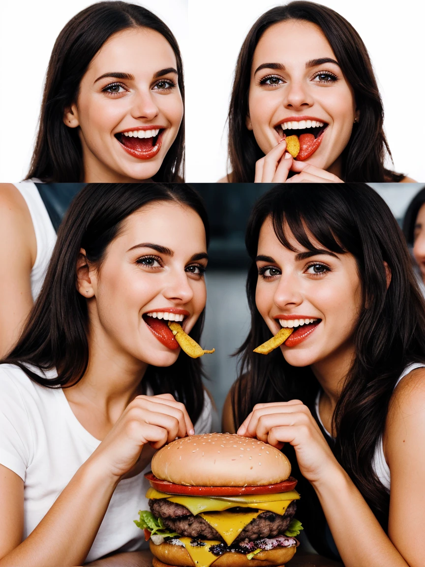 Quick cuts of smiling people biting into burger, with expressions of pleasure and satisfaction on their faces.