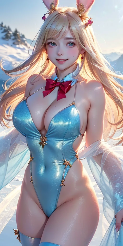 masterpiece, best quality, extremely detailed CG unity 8k wallpaper,((Upper Body)) ,((Upper Body head close-up shot of a beautiful )), , Elegant Long straight blonde hair, (Mckenna Grace), ((gigantic breasts,thighs,Autoluminescence skin)), (red-blue) golden (Glittering tutu,long Bunny Ear Headgear, , Bow-tie, No panties, genitals visible), ((spread legs)),(), (Blush), , (seductive smile), (A world of ice and snow), pretty face, key art, award winning, intricate detail realism hdr, by (ruan jia and artgerm and range murata), Photorealism, Hyperrealism, ultra realistic, dramatic light, intense shadows, gorgeous view, depth of field