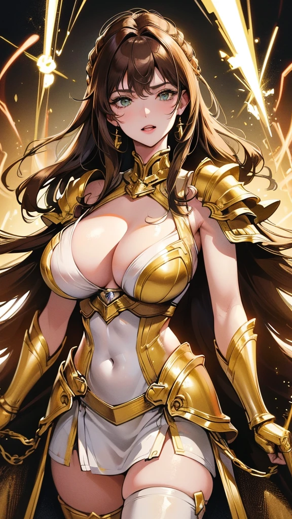 Highest image quality,Outstanding details,Ultra-high resolution,4K image, assembly, best quality, masterpiece, movie lighting ,Sexy,Huge breasts,cleavage,action,In battle,light beam from hand,Golden lightning surrounds,Brown curls,Green eyes,Lipstick,Gold armor,There are cracks on the armoghting hard