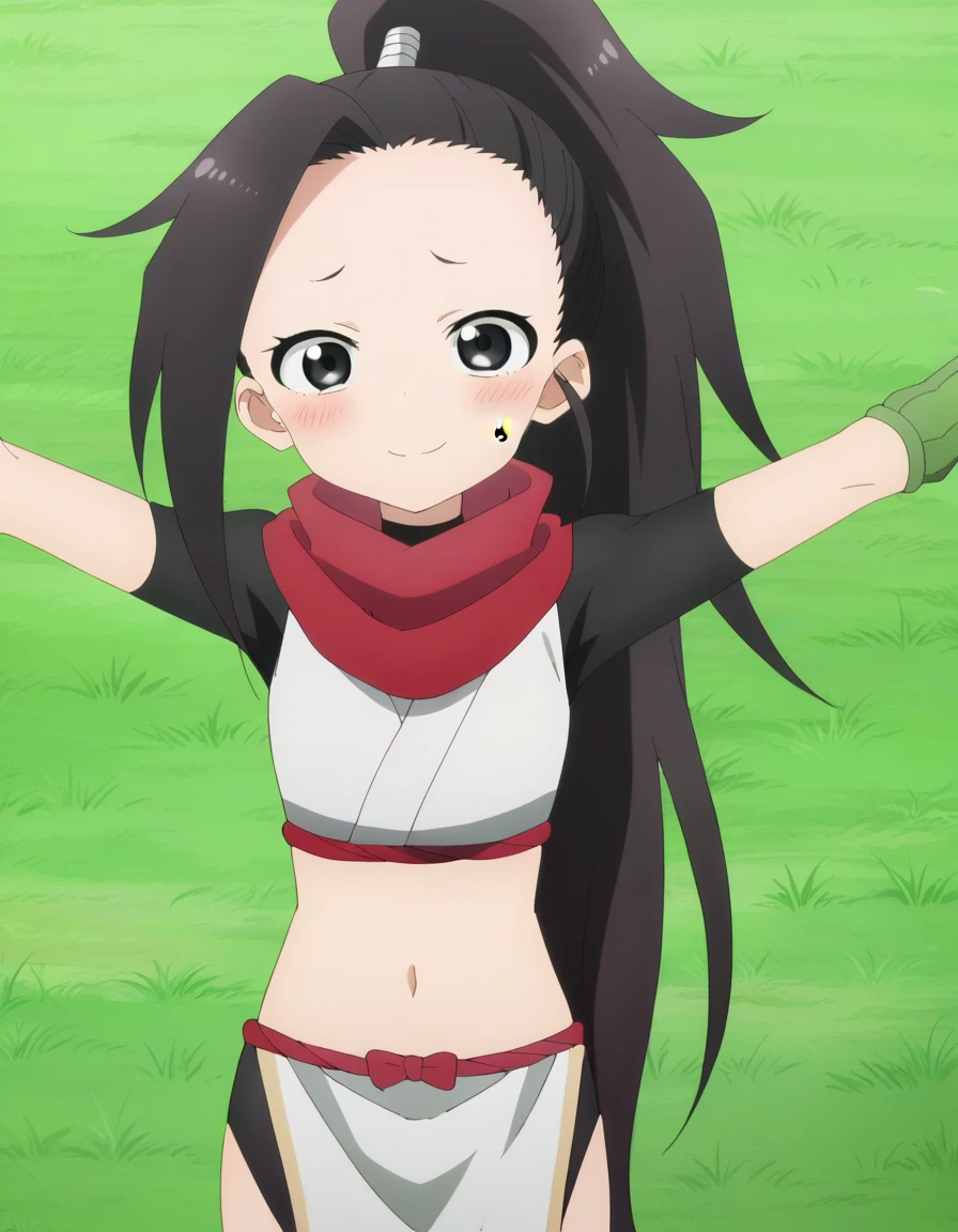  anime coloring, anime screencap, source_anime, anime,uncensored ,BREAK1girl,kunotsubaki, black eyes, black hair, long hair, asymmetrical bangs, forehead, high ponytail, ponytail,shirt, navel, red scarf, scarf short sleeves, pelvic curtain, shorts, green gloves, arm warmers, fingerless gloves,  BREAK, high quality, solo, lying, on back, arms up, spread arms, closed mouth, on grass, (cowboy shot:1.5), looking at viewer, nervous, smile, best quality, blushing, center,