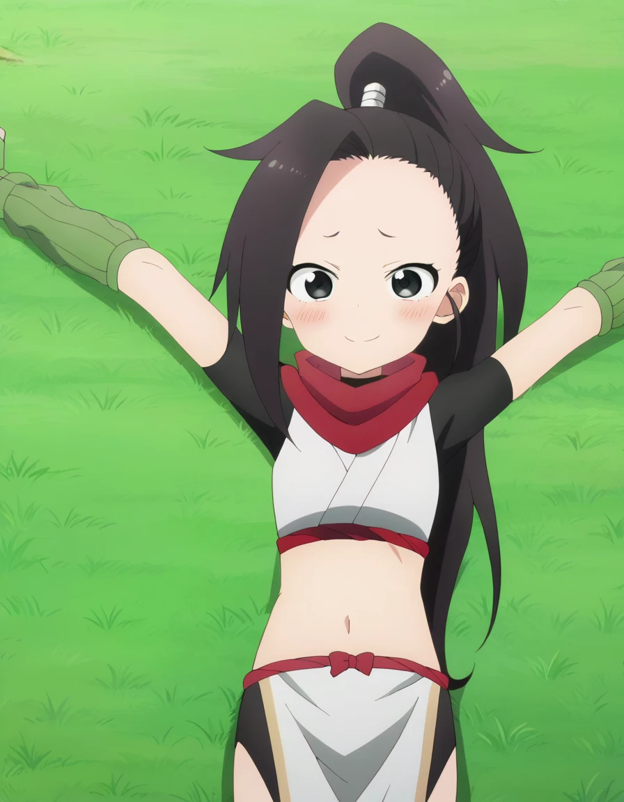  anime coloring, anime screencap, source_anime, anime,uncensored ,BREAK1girl,kunotsubaki, black eyes, black hair, long hair, asymmetrical bangs, forehead, high ponytail, ponytail,shirt, navel, red scarf, scarf short sleeves, pelvic curtain, shorts, green gloves, arm warmers, fingerless gloves,  BREAK, high quality, solo, lying, on back, arms up, spread arms, closed mouth, on grass, (cowboy shot:1.5), looking at viewer, nervous, smile, best quality, blushing, center,