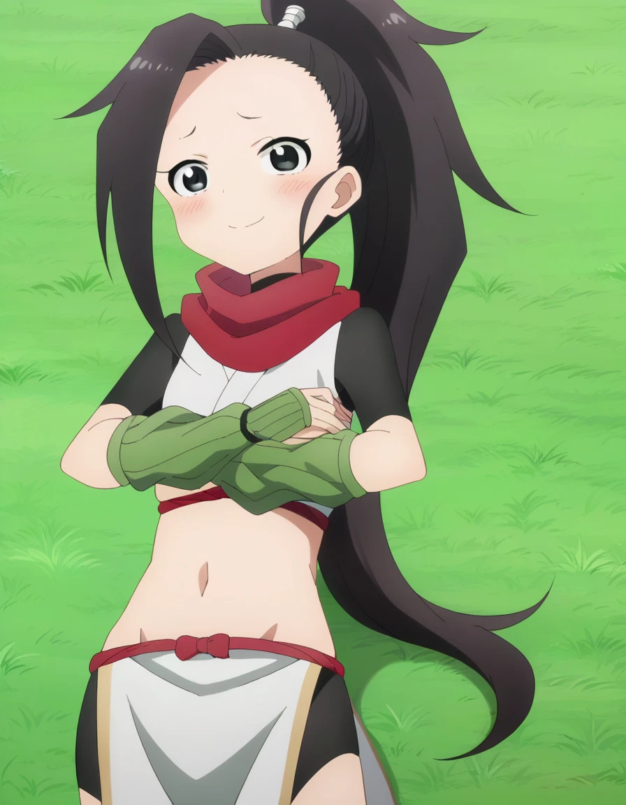  anime coloring, anime screencap, source_anime, anime,uncensored ,BREAK1girl,kunotsubaki, black eyes, black hair, long hair, asymmetrical bangs, forehead, high ponytail, ponytail,shirt, navel, red scarf, scarf short sleeves, pelvic curtain, shorts, green gloves, arm warmers, fingerless gloves,  BREAK, high quality, solo, lying, on back, arms up, spread arms, closed mouth, on grass, (cowboy shot:1.5), looking at viewer, nervous, smile, best quality, blushing, center,