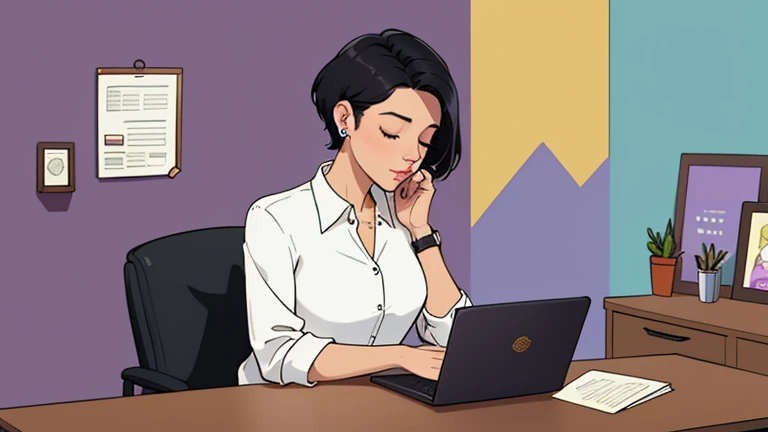 Beautiful short black-haired woman in her 30s sitting purple chair in an spacious and colorful office. looking down and closing her eyes, relaxed atmosphere, cozy, LOFI girl, alone in the room, white blouse, desk, documents, laptop, pen, watch, smartphone, stationery, wide glass window, only five fingers, New York, colorful, well-proportioned face, I can see skyscrapers outside the window, Colorful wall, pierced earrings, She is fashionable, ring, cabinet, In the background there are many desks and people, coffee cup, Well-proportioned face