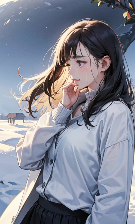 Realistic winter landscape、Woman profile、tears、White long sleeve shirt、Casual clothes with a cardigan、Upper Body、A face distorted while crying、Covering one&#39;s face with one&#39;s hands and crying、Long hair blowing in the wind