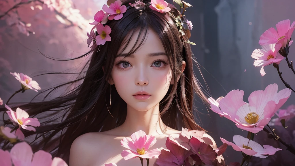 32k, Masterpiece, Highest quality, One girl, Detailed eyes, flower,Sandersonia, Pink and brown style,A dreamy, romantic piece,Pale pink, Mysterious Leaves,A playful arrangement,Fantasy,High Contrast,Ink strokes,explosion,Exposure, Impression of pink and brown tones,Abstract,((Watercolours by John Berkey and Jeremy Mann )) Brush strokes,Negative Space, Tyndall effect,