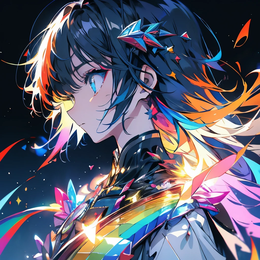 masterpiece、girl、Rainbow colorsの髪、Sparkling eyes、Serious face、Shining Background、Starry Ski、Rainbow colors、profile