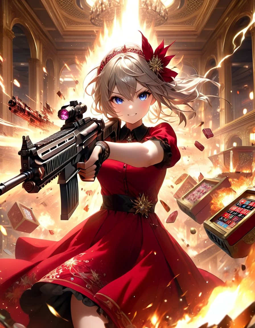 A young and beautiful woman_cyborg、A grinning expression、（China dress：1.4）、（Assault rifle fires at high speed：1.7）、（Motion Blur Effect：1.5）、Chaos inside the casino、Frenzy、is in destruction、（Highest quality、4K、8K、High resolution、masterpiece：1.2）、Super detailed、（Real、Photorealistic、Photorealistic：1.37）、Detailed facial features、Intricate dress patterns、Impressive pose、Dramatic lighting、Cinematic composition、Bright colors、dystopian atmosphere