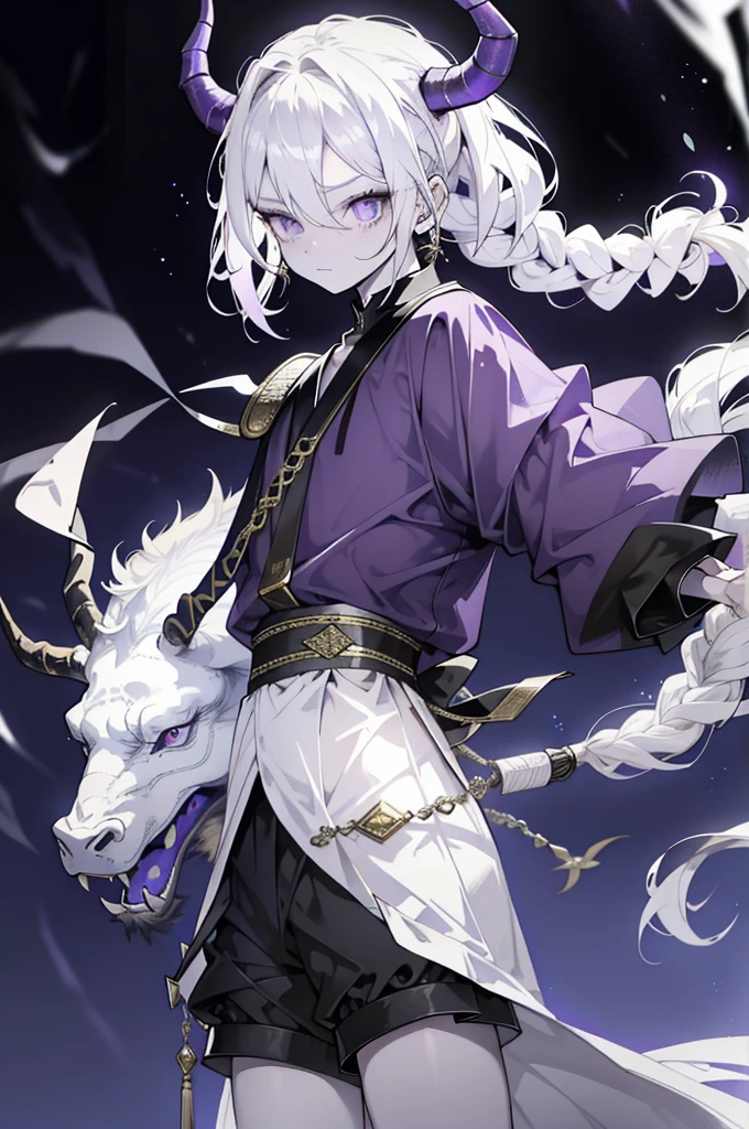 happy boy. open forehead. white hair braided in a ponytail on the left side to one side. sinuous black horns wrapped in dark purple ribbon. pale violet eyes. in short dark purple shorts. long white T-shirt. dark purple knee-high socks. a white long robe with a hood flutters in the wind. black ancient stone castle walls. purple light from lamps with gold ornaments. water on semi