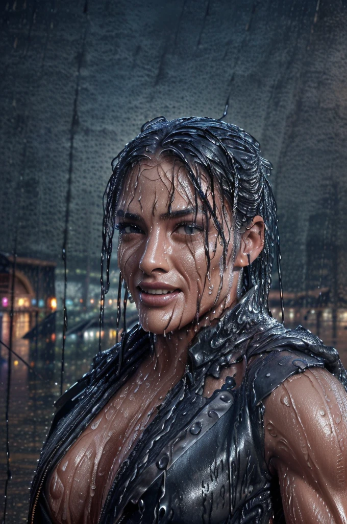 realist:1.3,( fotorrealist, 8K, RAW Photos, Premium quality, masterpiece, epic lighting. close up, Centered image), (foreground),((1 beautiful man beautiful smile, self-confident well-formed muscles, post apocalyptic, guerrero, Perfectly detailed face and body, (foreground), rainy scene, poor lighting due to rain,(( face and body wet from the rain:1.5)),lightning lighting, dynamic pose, beautiful and detailed hair, Leather Clothes)), ((Imaginative scene)),((perfect, meticulously detailed.:1.3)), ((full shot: 1.4)), ((Best quality )), ((Masterpiece)), 3D, (hyper detailed: 1.3), ((Epic Scenery: 1.3)), ((night background: 1.3 ))), (((night:1.2))), ( photorealistic: 1.4), ((Front camera)),( (Low-light night cinematic lighting: 1.2)). 32