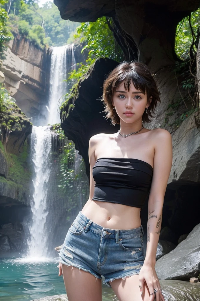 Miley Cyrus wears denim shorts, a black strapless top, and long hair, posing seductively next to a cave, with a waterfall flowing in the distance.