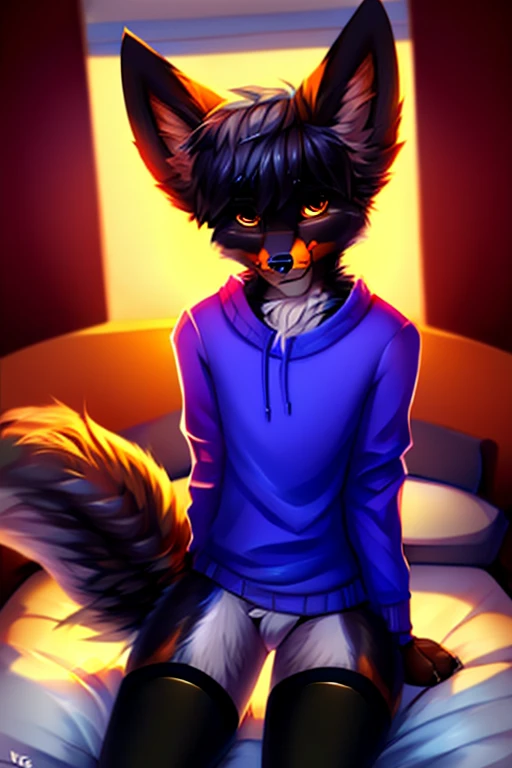  ((by reysi)),  Best quality, super detailed illustration, warm colors, Ideal lighting, (Fluffy boy dog:1.6), (Black fur:1.5) ,feminine face and body, disheveled thick gray hair, short shorts, long black stockings, Long-sleeved sweater, in a cosy room, smug smile, tricky glance , Femboy, slim, perfect body, any pose, any angle, doing anything