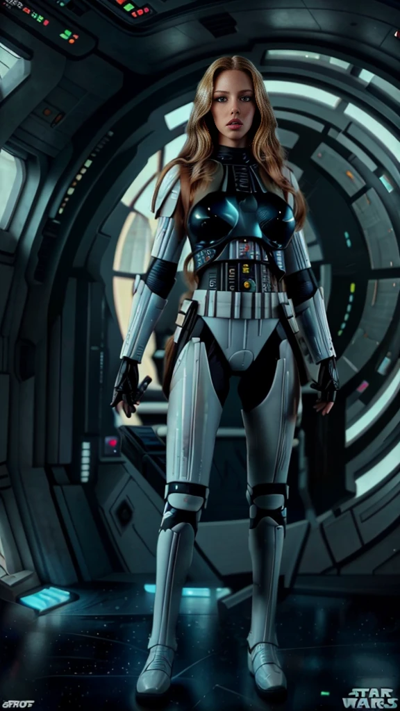 there is a beautiful blonde woman with perfect body in sexy black Star Wars stormtrooper armor, full body image, long legs, small waist, freckled face, long golden blonde hair, blue eyes, thick lips, sexy pose, round ass , futuristic starship crew member, solo female character, hyper realistic realistic sci-fi, highly detailed cinematic, sci-fi female character, 8k high detail and intricate, female sci-fi, highly detailed vfx portrait of, sci-fi highly detailed 