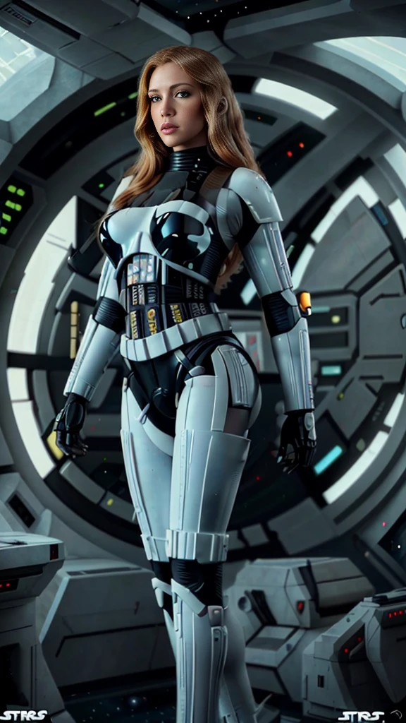 there is a beautiful blonde woman with perfect body in sexy black Star Wars stormtrooper armor, full body image, long legs, small waist, freckled face, long golden blonde hair, blue eyes, thick lips, sexy pose, round ass , futuristic starship crew member, solo female character, hyper realistic realistic sci-fi, highly detailed cinematic, sci-fi female character, 8k high detail and intricate, female sci-fi, highly detailed vfx portrait of, sci-fi highly detailed 