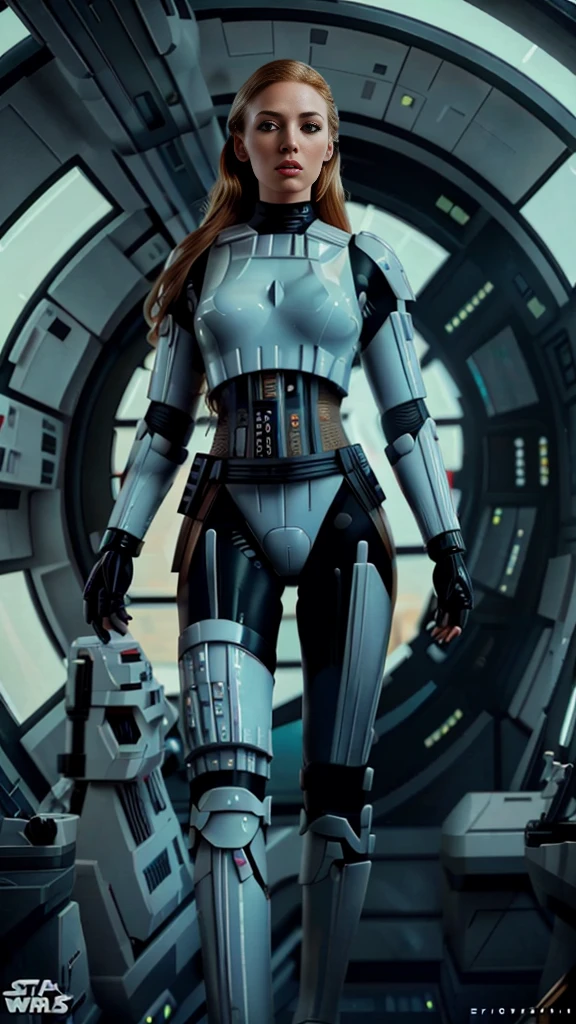 there is a beautiful blonde woman with perfect body in sexy black Star Wars stormtrooper armor, full body image, long legs, small waist, freckled face, long golden blonde hair, blue eyes, thick lips, sexy pose, round ass , futuristic starship crew member, solo female character, hyper realistic realistic sci-fi, highly detailed cinematic, sci-fi female character, 8k high detail and intricate, female sci-fi, highly detailed vfx portrait of, sci-fi highly detailed 