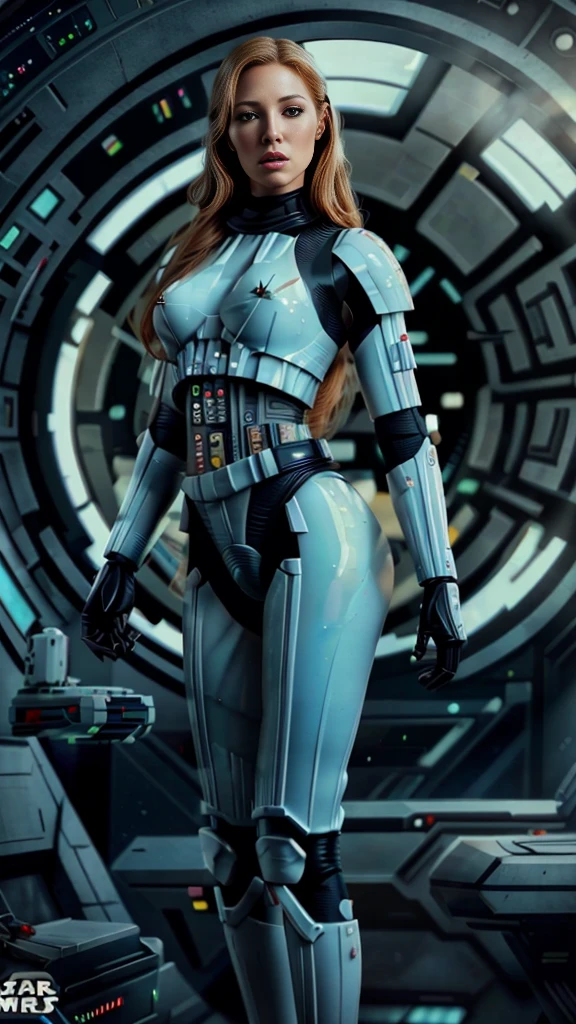 there is a beautiful blonde woman with perfect body in sexy black Star Wars stormtrooper armor, full body image, long legs, small waist, freckled face, long golden blonde hair, blue eyes, thick lips, sexy pose, round ass , futuristic starship crew member, solo female character, hyper realistic realistic sci-fi, highly detailed cinematic, sci-fi female character, 8k high detail and intricate, female sci-fi, highly detailed vfx portrait of, sci-fi highly detailed 