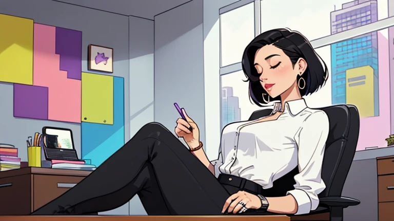 Beautiful short black-haired woman in her 30s sitting purple chair in an spacious and colorful office. looking down and closing her eyes, relaxed atmosphere, cozy, LOFI girl, alone in the room, white blouse, desk, documents, laptop, pen, watch, smartphone, stationery, wide glass window, only five fingers, New York, colorful, well-proportioned face, I can see skyscrapers outside the window, Colorful wall, pierced earrings, She is fashionable, ring, cabinet, In the background there are many desks and people, coffee cup, Well-proportioned face, Wearing a jacket
