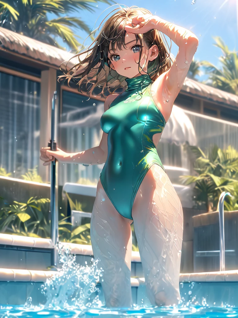 best quality, masterpiece, ultra high res, (photorealistic:1.4), RAW photo, Intricate details, ((Perfect Anatomy)), Big beautiful eyes, Perfect contours, masterpiece, One girl, (()), Shortcuts, Small breasts, (one piece, turtleneck,No sleeve), Transparent and clear metallic green swimsuit, 　tight high leg swimsuit, ((Shooting from below, looking up:1.2)), Portrait, View your viewers, Outdoor swimming pool, Partially submerged, Wet Skin, Shy, (armpit)