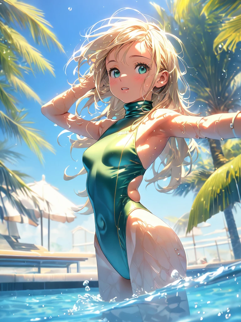 best quality, masterpiece, ultra high res, (photorealistic:1.4), RAW photo, Intricate details, ((Perfect Anatomy)), Big beautiful eyes, Perfect contours, masterpiece, One girl, (()), Shortcuts, Small breasts, (one piece, turtleneck,No sleeve), Transparent and clear metallic green swimsuit, tight high leg swimsuit, ((Shooting from below, looking up:1.2)), Portrait, View your viewers, Outdoor swimming pool, Partially submerged, Wet Skin, Shy, (armpit)