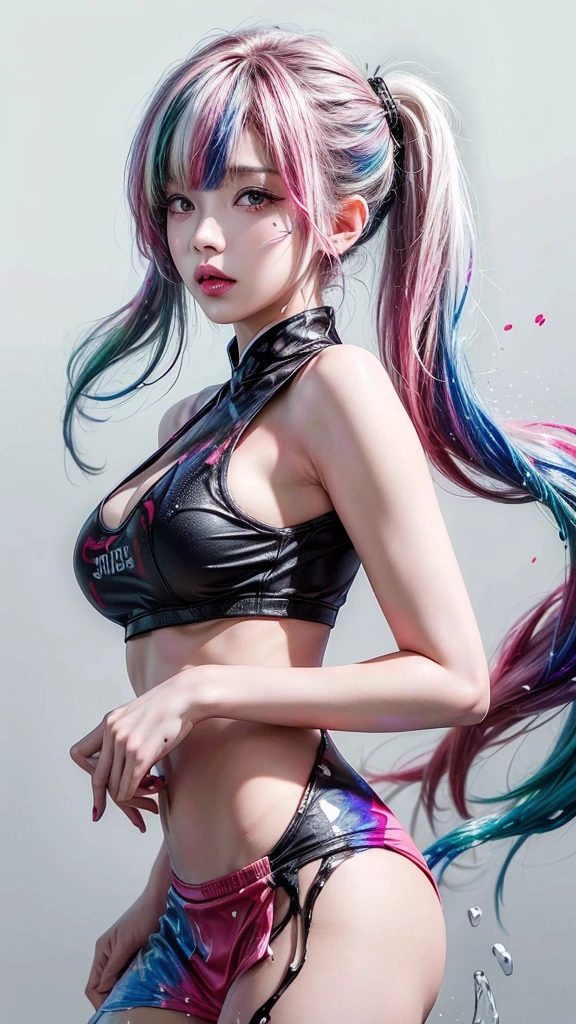 (masterpiece, best quality, high resolution), White background, ((Paint splatter, Splash of Color, Ink splash, Splash of Color)), Sweet Chinese girl, Rainbow hair, Pink lips, front, whole body,Big boobs。