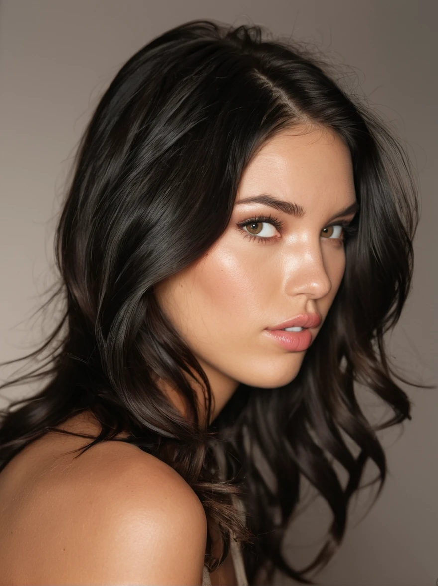 a realistic photo of a [ really beautiful exotic androgynous supermodel 19 year old woman] , with [long, dark hair, short beachy waves hair style ] , looks like [Megan FOX] and [Adriana Lima], light makeup, looking [innocent, cute, flushed] , neutral background [light] skin --ar 9:16 --stylize 750 --v 6