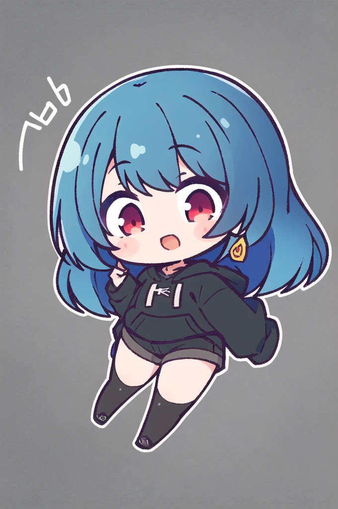 masterpiece, best quality, ALLMIND, 1girl, thick blue hair, flowing hair, lavender ends, red eyes, black sweatshirt, black thigh highs, black cargo shorts, happy, looking at viewer, simple background, chibi