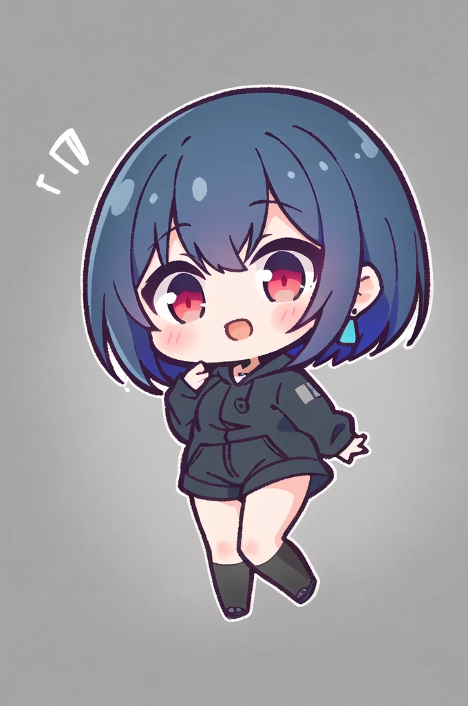 masterpiece, best quality,  ALLMIND, 1girl, thick blue hair, flowing hair, lavender ends, red eyes, black sweatshirt, black thigh highs, black cargo shorts, happy, looking at viewer, simple background, chibi  