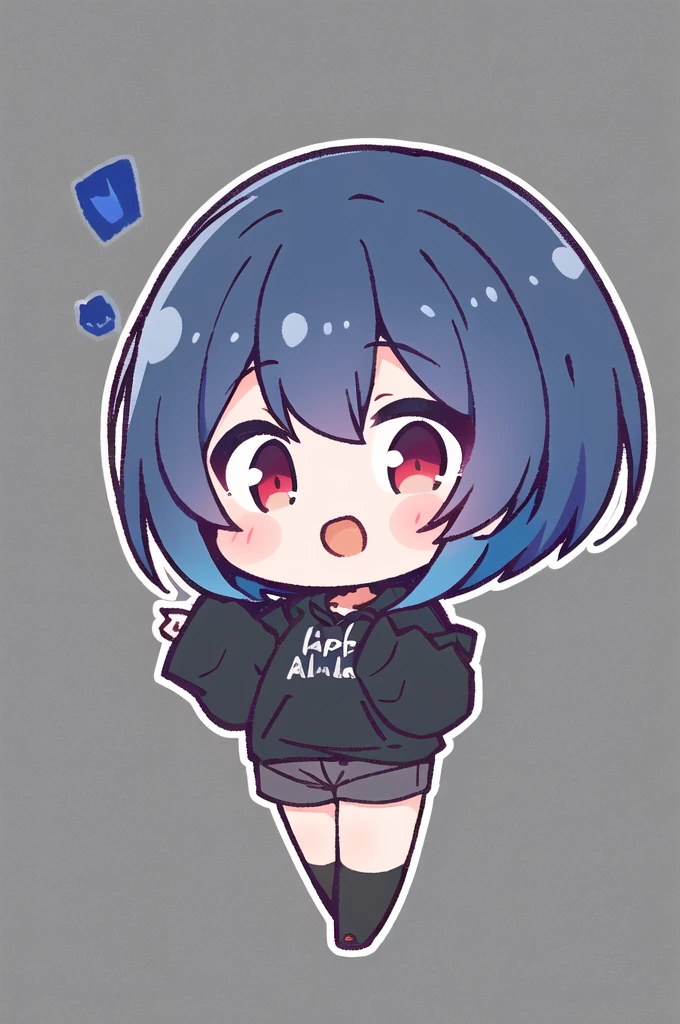 masterpiece, best quality,  ALLMIND, 1girl, thick blue hair, flowing hair, lavender ends, red eyes, black sweatshirt, black thigh highs, black cargo shorts, happy, looking at viewer, simple background, chibi  