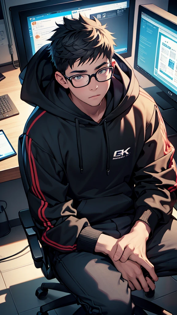 A boy using computer, sitting on a gaming chair, wearing black hoodie and black specs, camera angle front, 8k