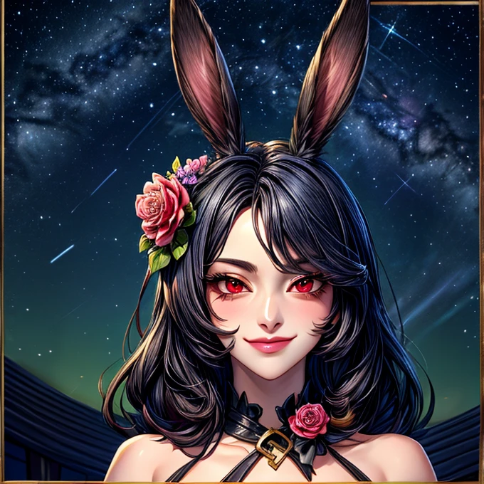 1 mature demi-rabbit woman, {{{long black hair}}}, {{{ two furry rabbit ears}}, {{{red eyes}}}, soft pink floral dress with floral accessories, small smile, colourful flower bontanic garden, starry night sky, {best quality.}, {highreaasterpiece.}, {{{medium close up.}}}, {facing viewer}