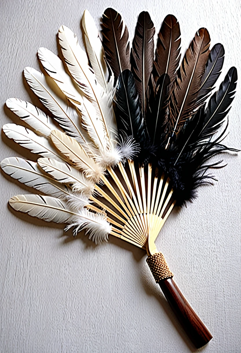 (Handle Feather Fan)、(Wooden handle)、(It is made of many feathers)